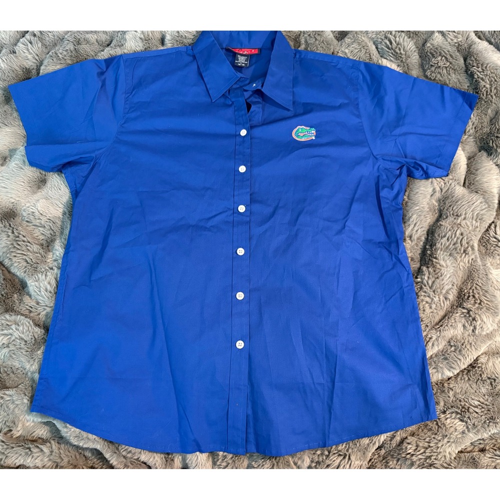 CRABLE for her Womens Royal Blue Short Sleeve Button Up Shirt Gators Logo Size L